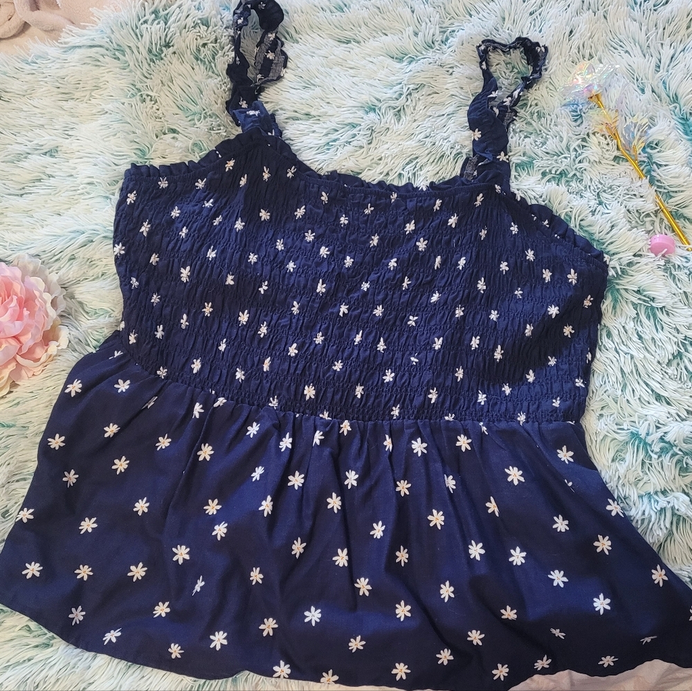 Ava & Viv Navy Floral Smocked Peplum Blouse